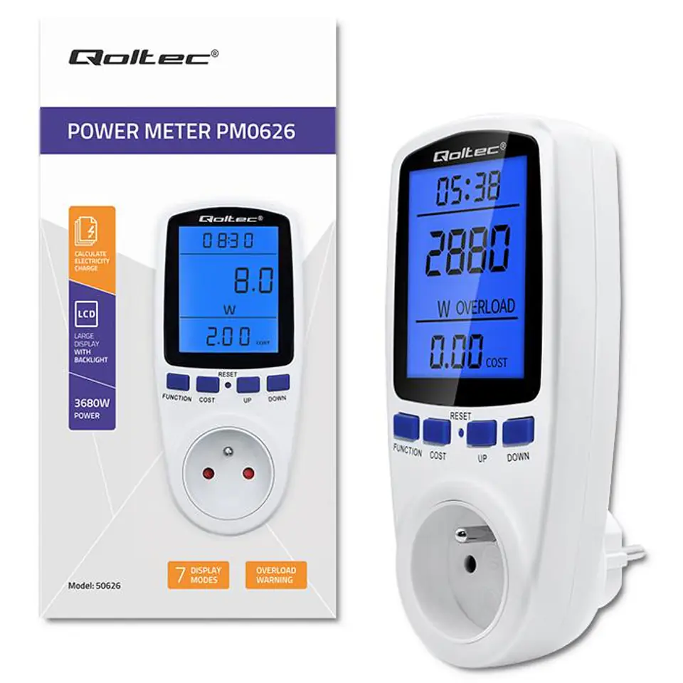 ⁨Power meter PM0626 3680W, 16A, LCD⁩ at Wasserman.eu