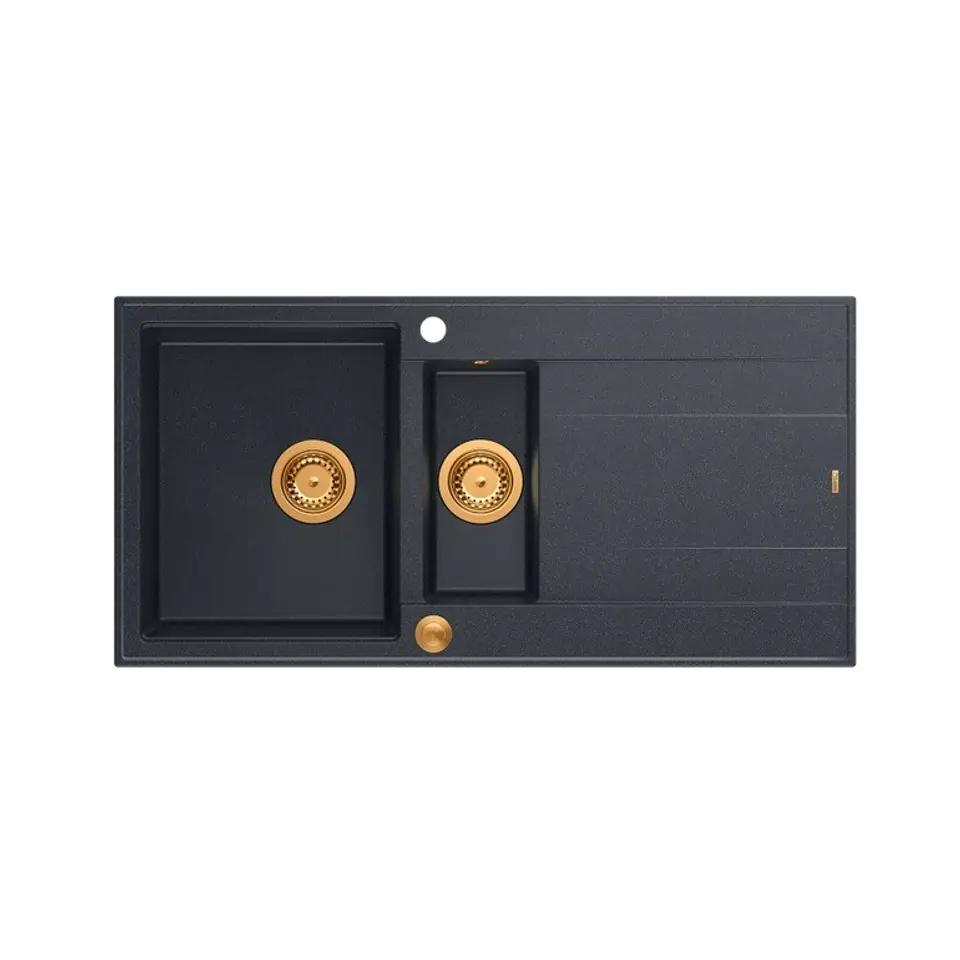 ⁨Zlewozmywak granitowy QUADRON EVAN 156 czarny wpuszczany + syfon Push-2-Open w kolorze PVD⁩ w sklepie Wasserman.eu