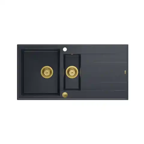 ⁨Zlewozmywak granitowy QUADRON EVAN 156 czarny wpuszczany + syfon Push-2-Open w kolorze PVD⁩ w sklepie Wasserman.eu