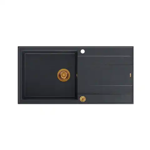 ⁨Zlewozmywak granitowy QUADRON EVAN 146 XL czarny wpuszczany + syfon Push-2-Open w kolorze PVD⁩ w sklepie Wasserman.eu
