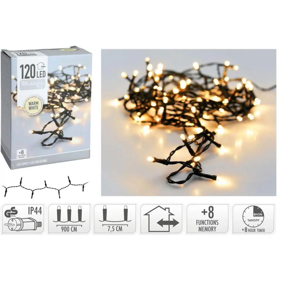 ⁨LAMPKI CHOINKOWE ŁAŃCUCH ŚWIETLNY 120 LED TIMER CIEPŁY BIAŁY⁩ w sklepie Wasserman.eu