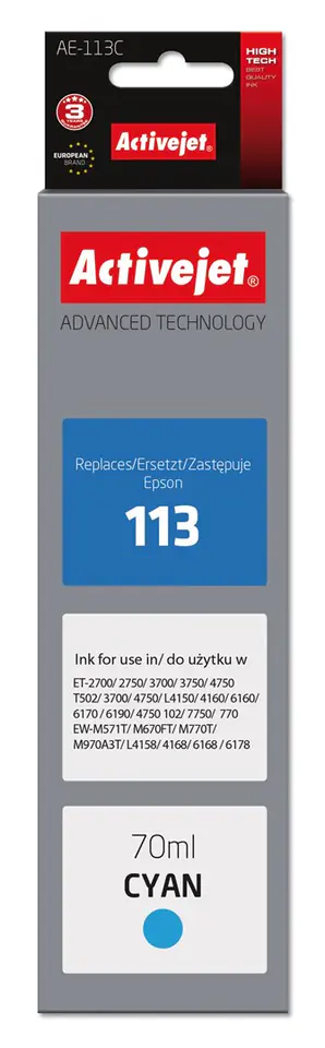 ⁨Activejet AE-113C Tusz (zamiennik Epson 113 C13T06B240; Supreme; 70ml; niebieski)⁩ w sklepie Wasserman.eu