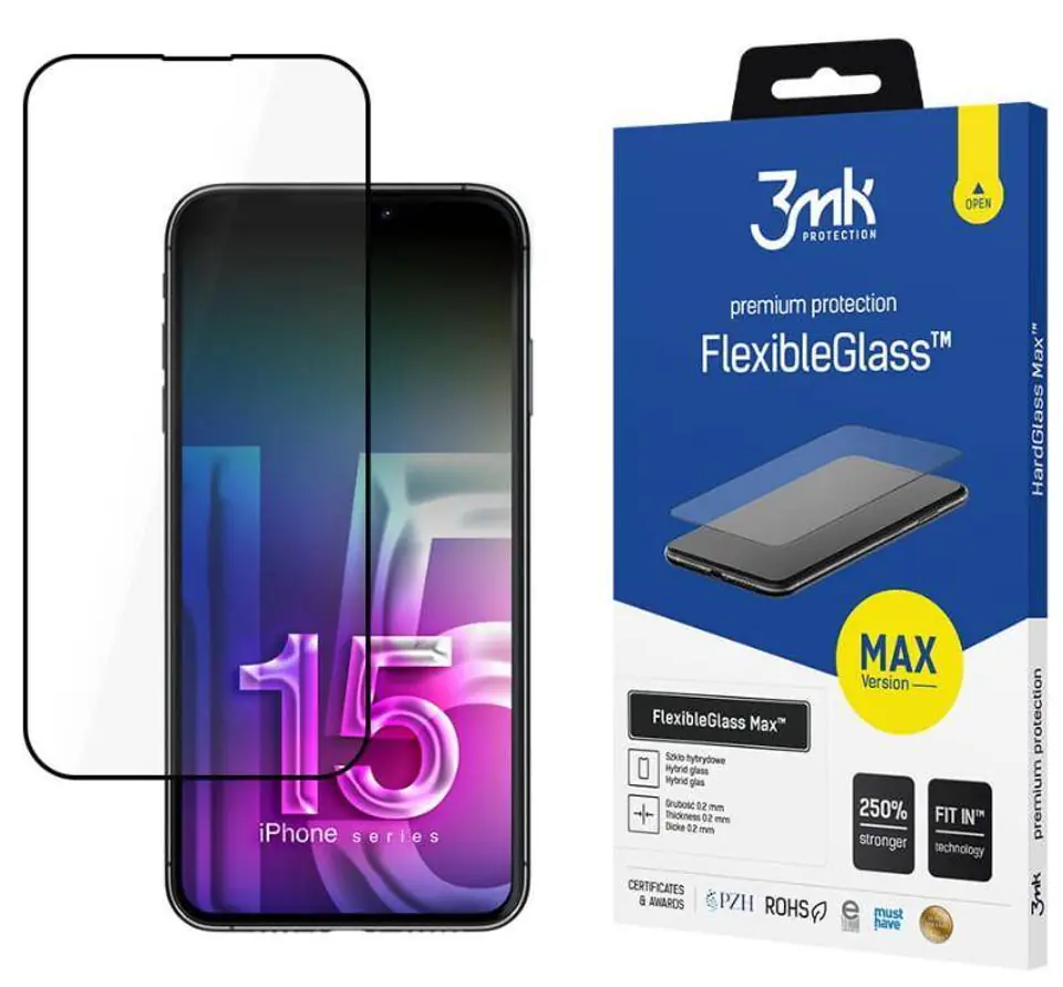 ⁨Szkło Hybrydowe APPLE IPHONE 15 PLUS 3mk Flexible Glass Max czarne⁩ w sklepie Wasserman.eu