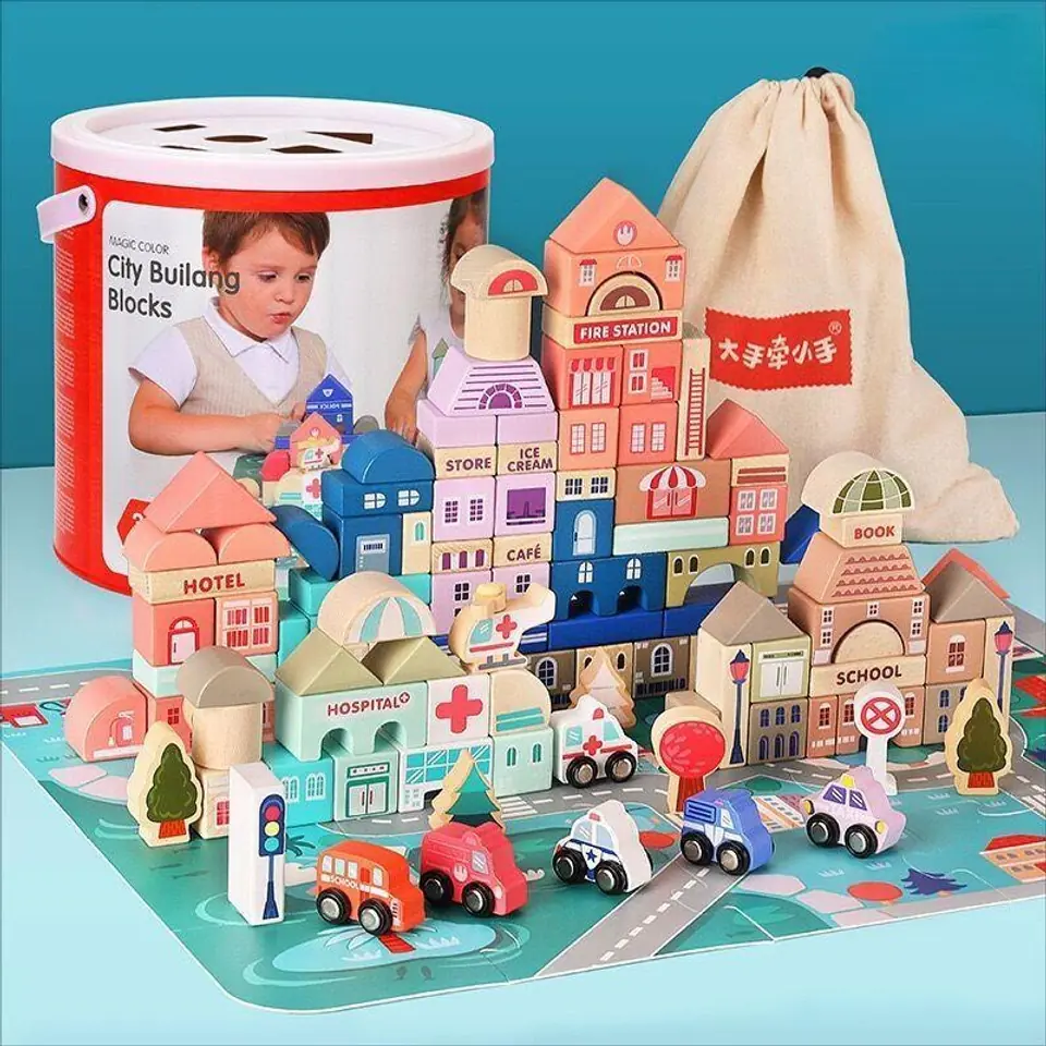 Drewniane Klocki Miasto dla dzieci 3+ Puzzle Mata podłogowa + Sorter kształtów + Klocki 115 el. w sklepie Wasserman.eu