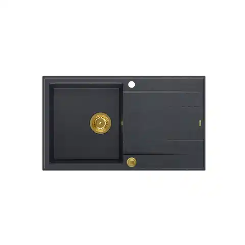 ⁨Zlewozmywak granitowy QUADRON EVAN 111 czarny wpuszczany + syfon Push-2-Open w kolorze PVD⁩ w sklepie Wasserman.eu
