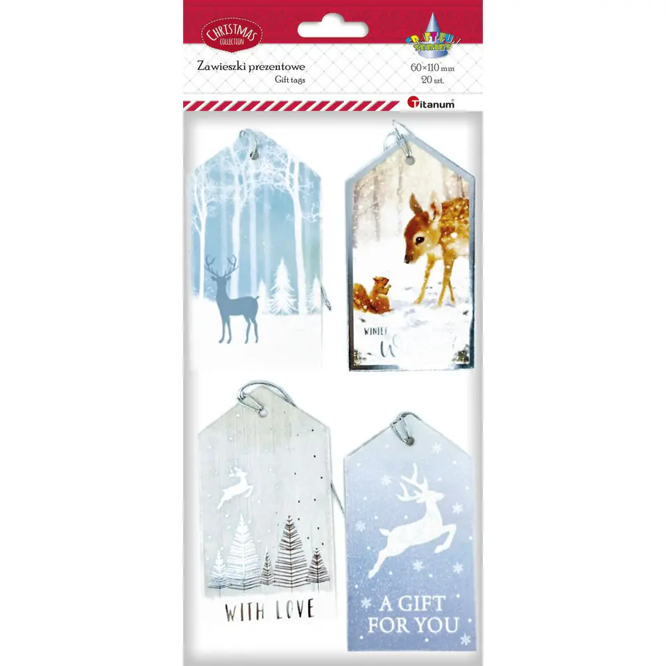 ⁨Zawieszki prezentowe Boże Narodzenie 20szt. 60x110mm tonacja srebrna 4 wzory 414524 TITANUM⁩ w sklepie Wasserman.eu