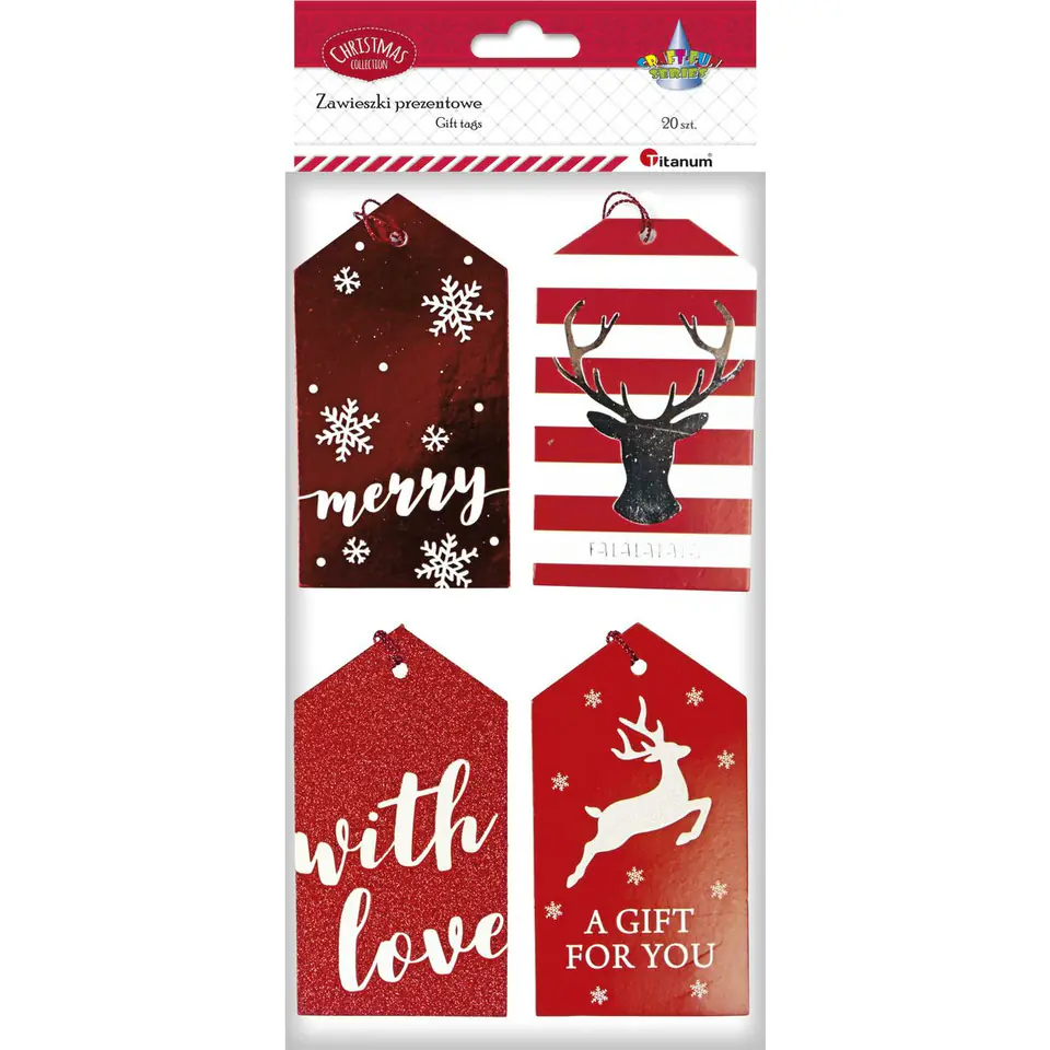 ⁨Zawieszki prezentowe Boże Narodzenie 20szt. 60X110mm tonacja czerwona 4 wzory 414526 TITANUM⁩ w sklepie Wasserman.eu
