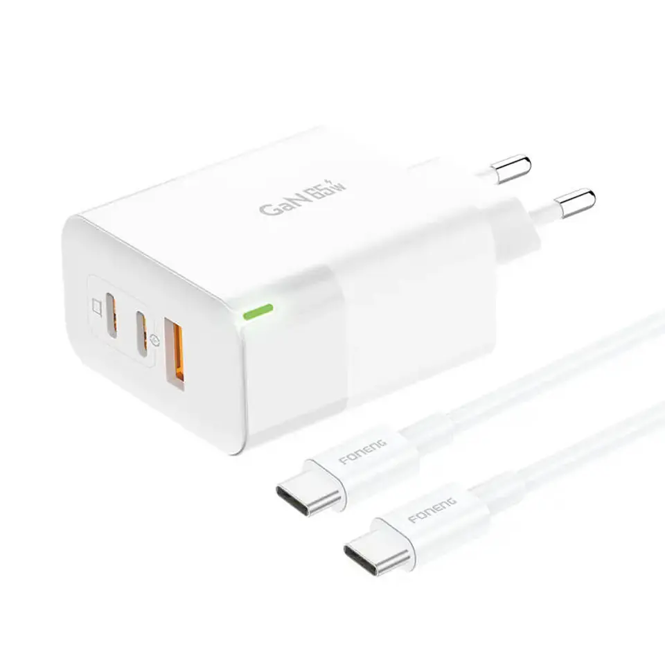 ⁨Ładowarka sieciowa Foneng GAN65 USB-A, 2x USB-C GaN 65W z kablem USB-C (biała)⁩ w sklepie Wasserman.eu