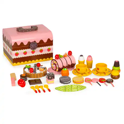 ⁨Zestaw drewniana skrzynia słodycze ciasto tort do krojenia 29 elementów⁩ w sklepie Wasserman.eu
