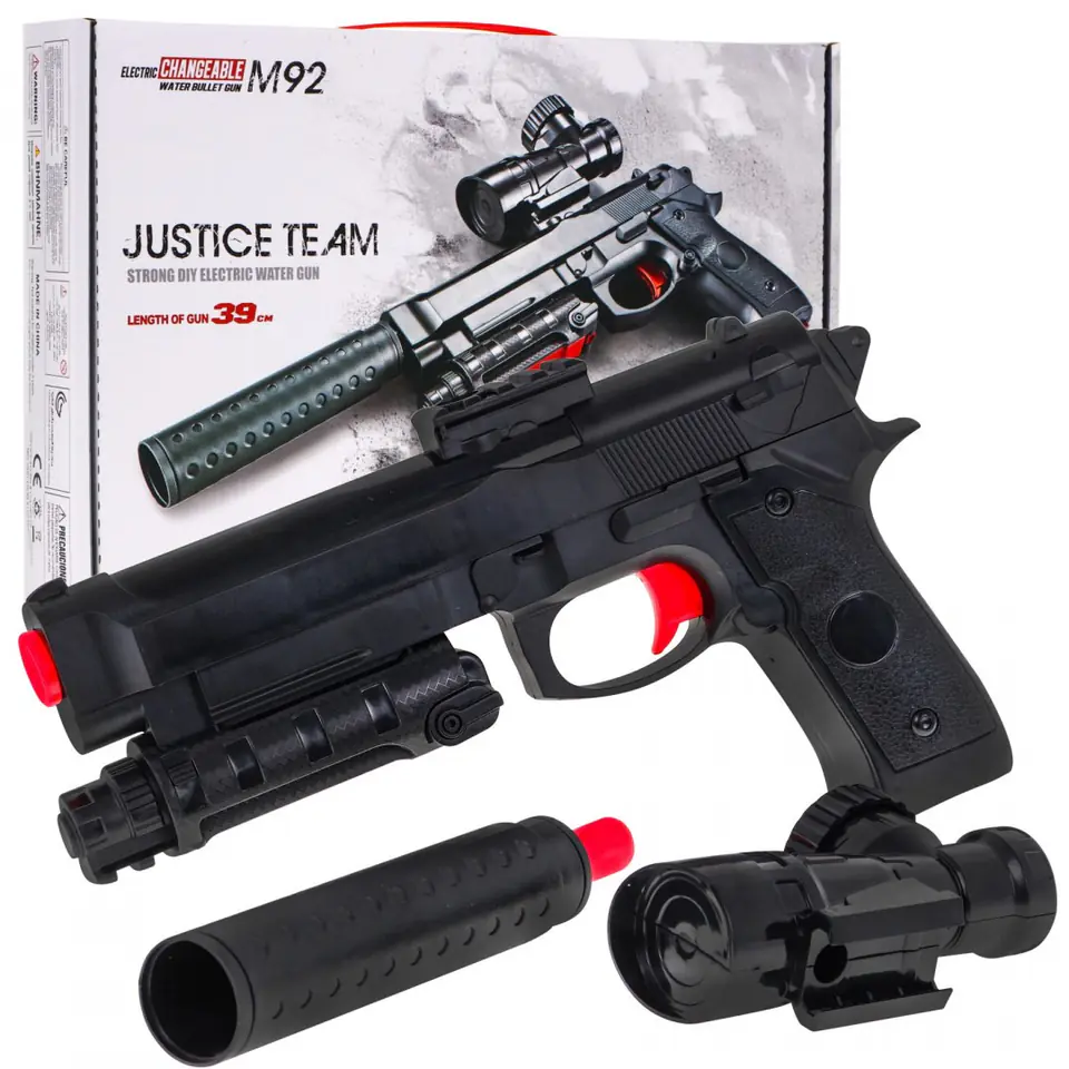 ⁨Pistolet z akcesoriami dla dzieci 6+ Imitacja M92 + Tłumik + Celownik + Kulki z hydrożelem⁩ w sklepie Wasserman.eu
