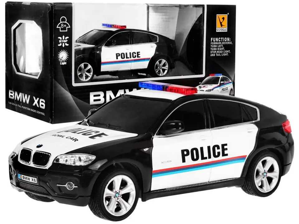 ⁨Radiowóz BMW x6 dla dzieci 8+ Zdalnie sterowana policja 1:24 Światła kogut⁩ w sklepie Wasserman.eu