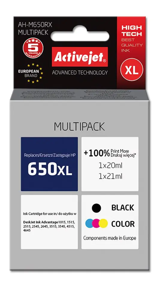 ⁨Activejet AH-M650RX Ink cartridge (replacement for HP 650 CZ101AE/CZ102AE; Premium; 1 x 20 ml, 1 x 21 ml; 1110 pages, black, colour)⁩ at Wasserman.eu