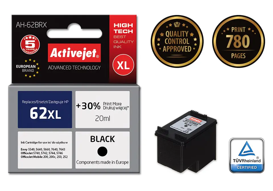 ⁨Activejet AH-62BRX ink (replacement for HP 62XL C2P05AE; Premium; 20 ml; black)⁩ at Wasserman.eu