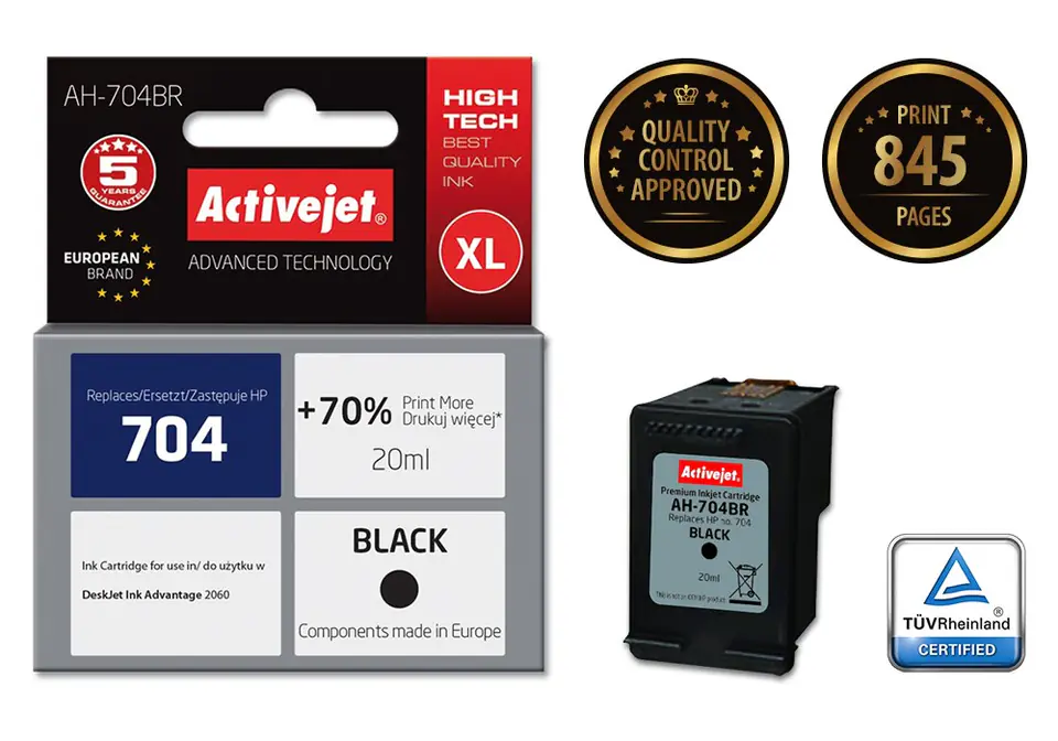 ⁨Activejet AH-704BR HP Printer Ink, Compatible with HP 704 CN692AE;  Premium;  20 ml;  black. Prints 70% more.⁩ at Wasserman.eu