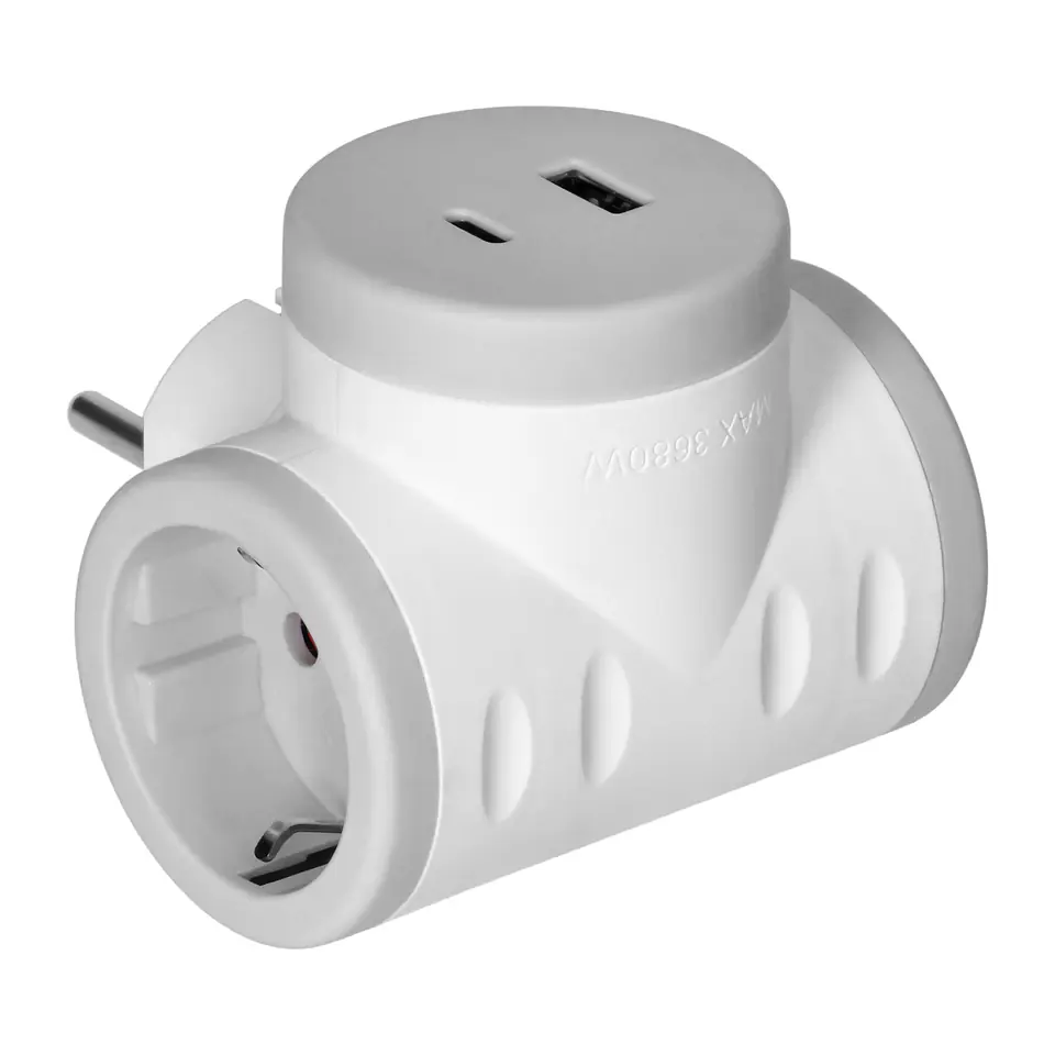 ⁨Rozgałęźnik 2P+Z (Schuko) z ładowarką 2xUSB,  szybkie ładowanie, biało-szary⁩ w sklepie Wasserman.eu
