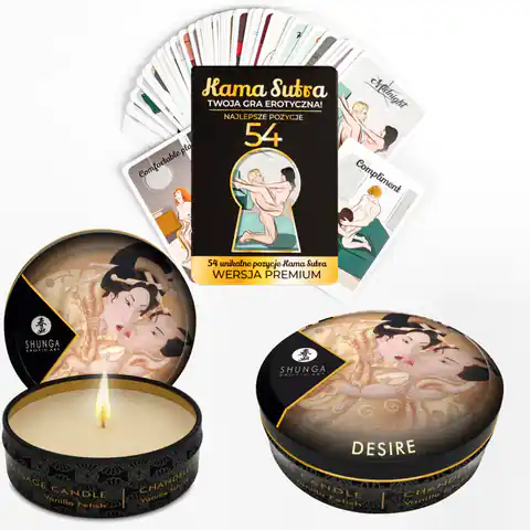 ⁨Karty z pozycjami KamaSutra i świeca do masażu Desire Wanilia 30ml Shunga⁩ w sklepie Wasserman.eu