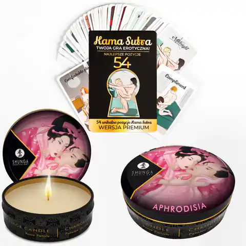 ⁨Karty z pozycjami KamaSutra i świeca do masażu Aphrodisia Rose Petals 30ml Shunga⁩ w sklepie Wasserman.eu