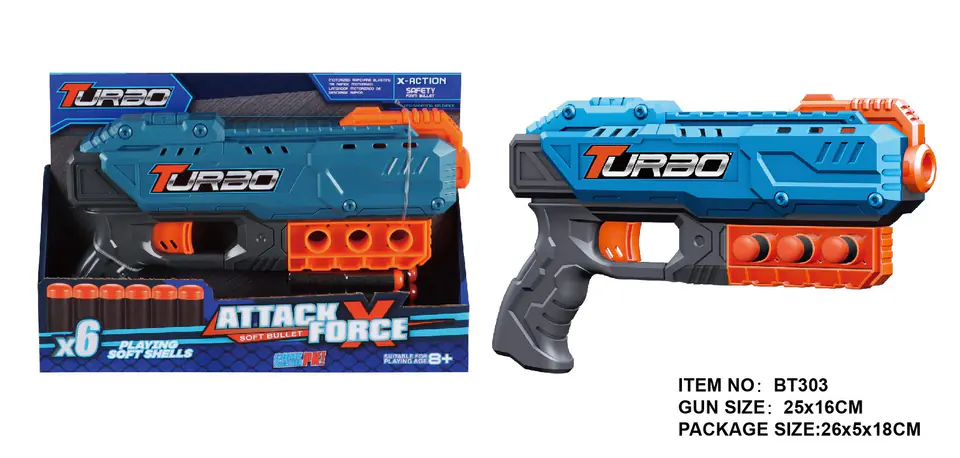 ⁨Pistolet TURBO dla dzieci 8+ Niebieski + 6 bezpiecznych Pocisków + Mechanizm ręczny⁩ w sklepie Wasserman.eu
