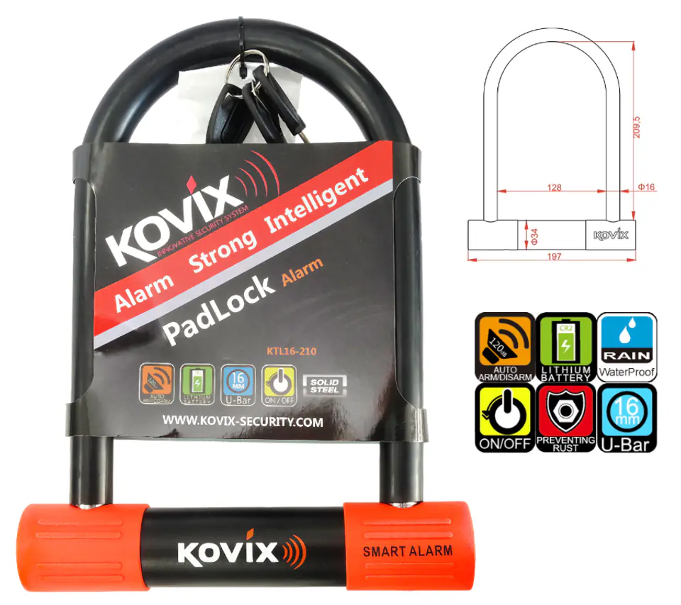 ⁨Kłódka U-Lock z alarmem KOVIX KTL16-210 czarna⁩ w sklepie Wasserman.eu