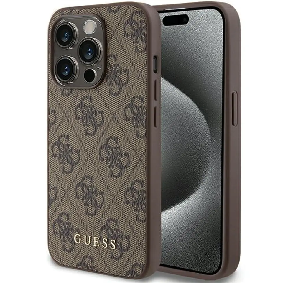 ⁨Guess GUHCP15LG4GFBR iPhone 15 Pro 6.1" brązowy/brown hard case 4G Metal Gold Logo⁩ w sklepie Wasserman.eu