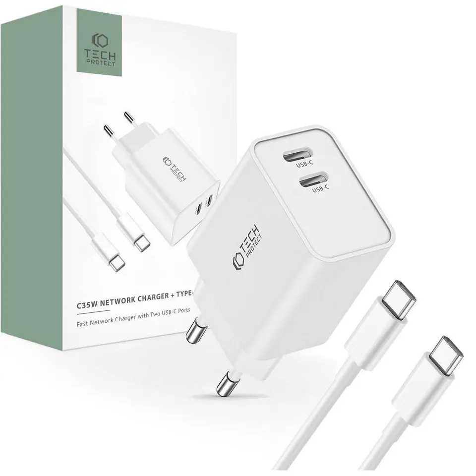 ⁨Ładowarka Sieciowa 2x USB-C PD 35W + Kabel USB-C - USB-C biała⁩ w sklepie Wasserman.eu