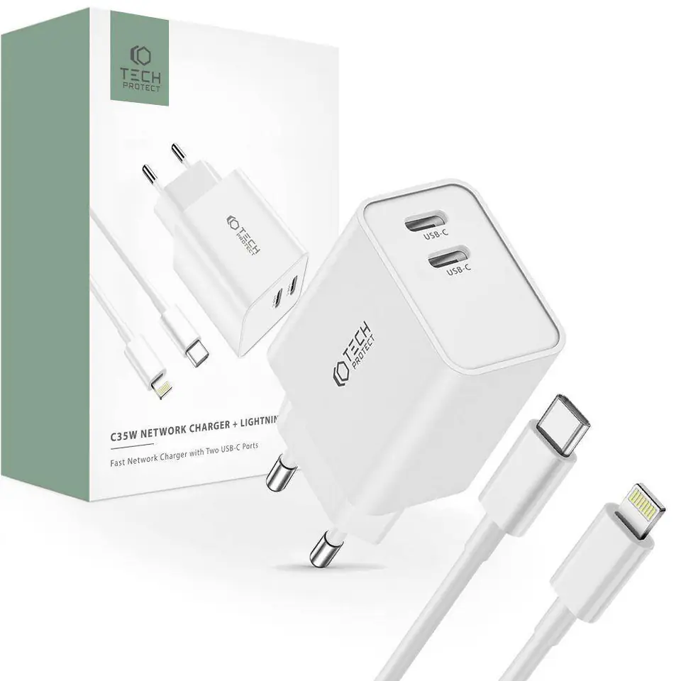 ⁨Ładowarka Sieciowa 2x USB-C PD 35W + Kabel USB-C - Lightning biała⁩ w sklepie Wasserman.eu