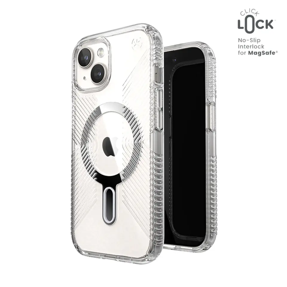 ⁨Speck Presidio Perfect-Clear Grip ClickLock & MagSafe - Etui iPhone 16e / iPhone 15 / iPhone 14 / iPhone 13 (Clear / Chrome Finish / Serene Silver)⁩ w sklepie Wasserman.eu