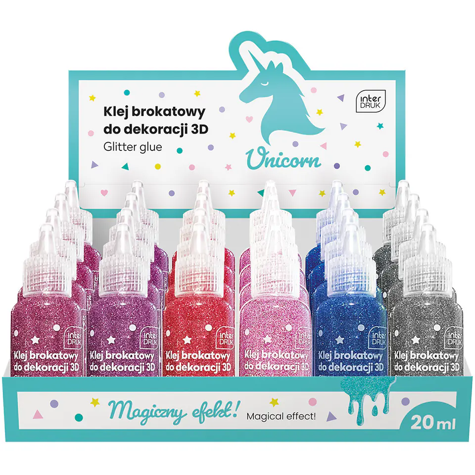 ⁨Klej brokatowy do dekoracji 3D 20ml UNICORN 24szt. INTERDRUK⁩ w sklepie Wasserman.eu