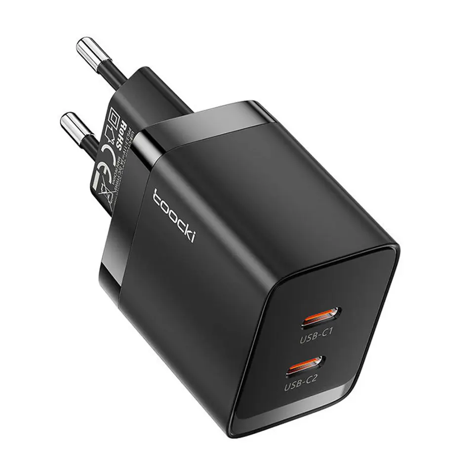 ⁨Ładowarka sieciowa Toocki 2xUSB-C, GaN 40W (czarna)⁩ w sklepie Wasserman.eu