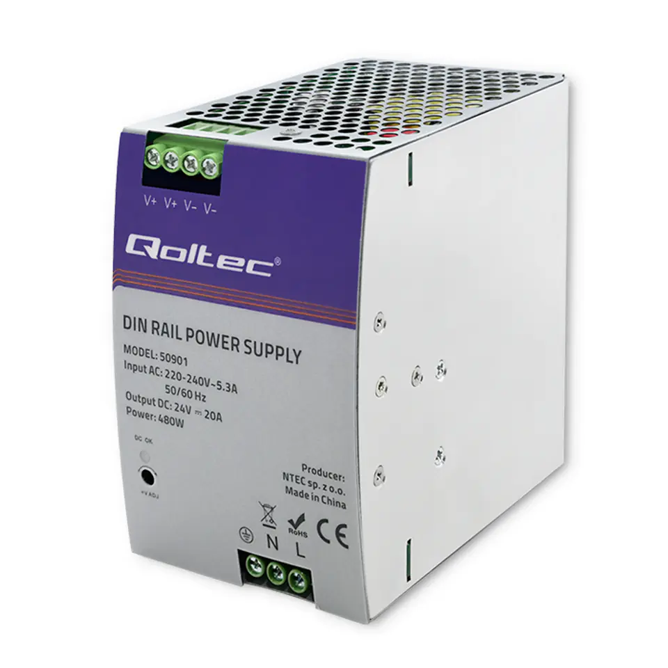 QOLTEC ZASILACZ NA SZYNĘ DIN PRZEMYSŁOWY | 480W | 24V | 20A w sklepie Wasserman.eu