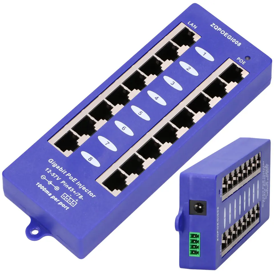 ⁨Extralink Gigabit PoE Injector 8 Port 8x 1000Mb/s RJ45, Mode B⁩ at Wasserman.eu