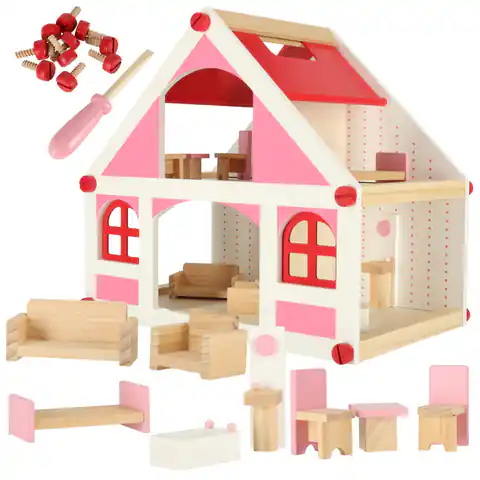 ⁨Domek dla lalek drewniany różowy montessori mebelki akcesoria 36cm⁩ w sklepie Wasserman.eu