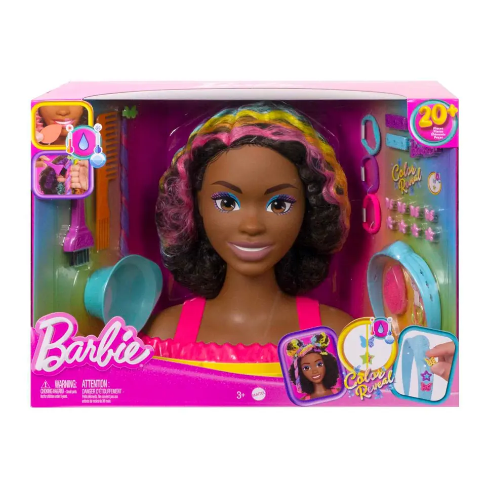 ⁨Barbie Głowa do stylizacji Neonowa tęcza Kręcone włosy HMD79⁩ w sklepie Wasserman.eu