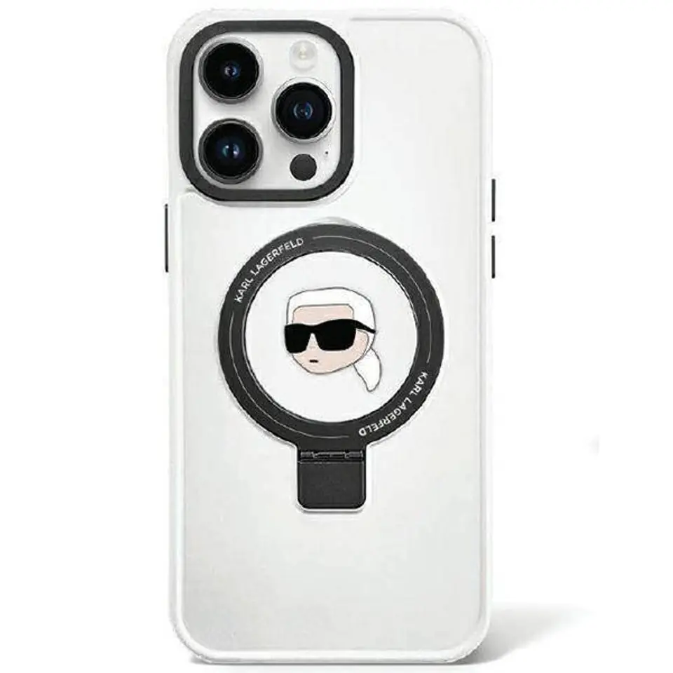 ⁨Oryginalne Etui APPLE IPHONE 15 PRO MAX Karl Lagerfeld Hardcase Ring Stand Karl Head MagSafe (KLHMP15XHMRSKHH) białe⁩ w sklepie Wasserman.eu