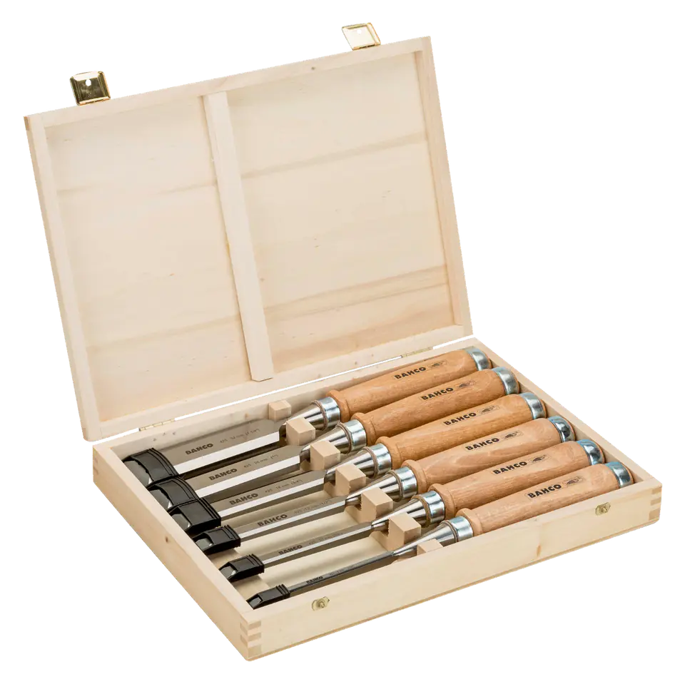 ⁨Zestaw dłut 6 sztuk z drewnianą rękojeścią w pudełku BAHCO⁩ w sklepie Wasserman.eu
