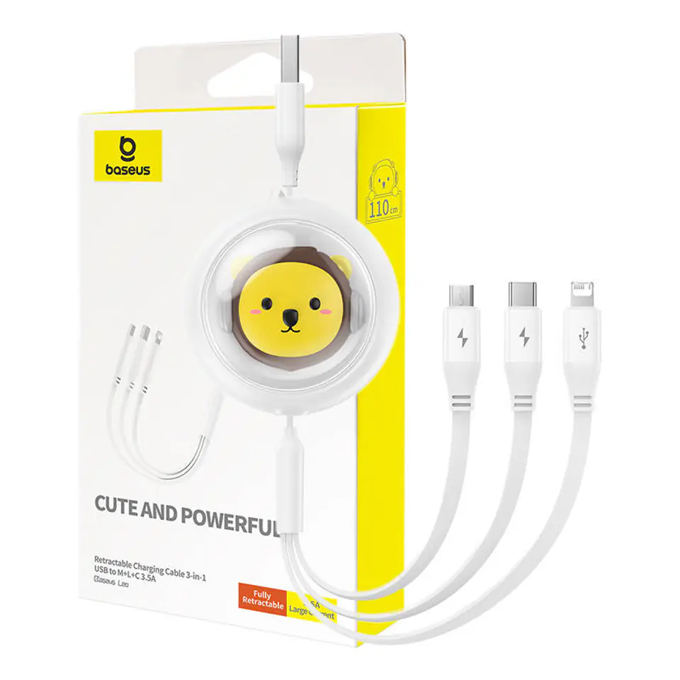 ⁨Kabel ładowania 3w1 Baseus USB do USB-C, USB-M, Lightning 3,5A, 1,1m (White)⁩ w sklepie Wasserman.eu