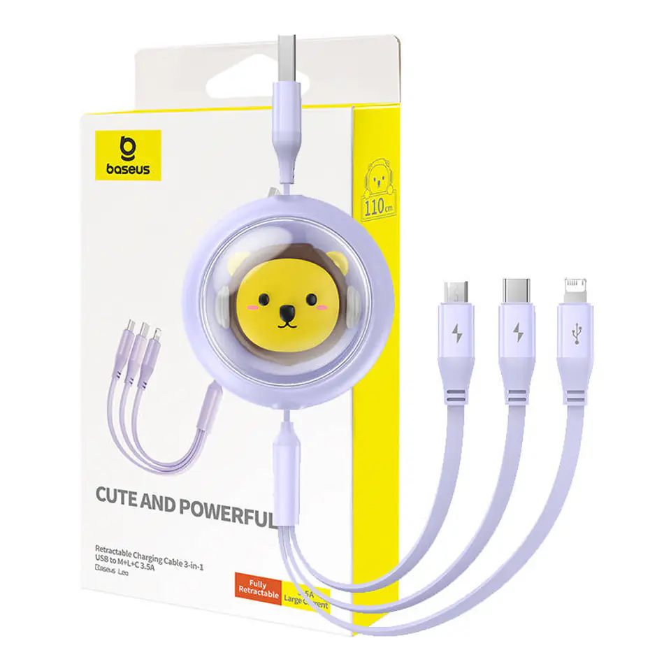 ⁨Kabel ładowania 3w1 Baseus USB do USB-C, USB-M, Lightning 3,5A, 1,1m (fioletowy)⁩ w sklepie Wasserman.eu