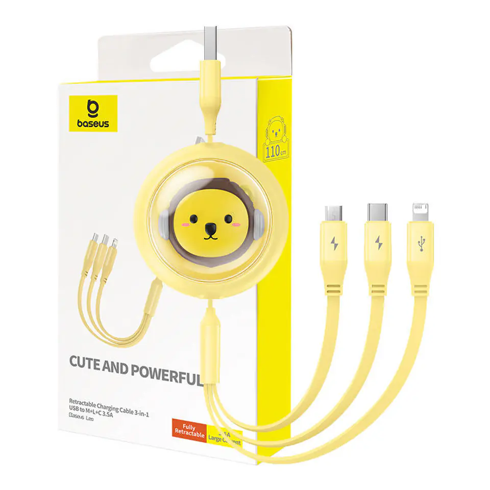 ⁨Kabel ładowania 3w1 Baseus USB do USB-C, USB-M, Lightning 3,5A, 1,1m (żółty)⁩ w sklepie Wasserman.eu