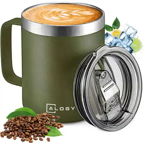 ⁨Kubek termiczny 420ml z uchwytem pokrywką na kawę herbatę stalowy zimne i ciepłe napoje Alogy Zielony⁩ w sklepie Wasserman.eu