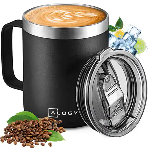 ⁨Kubek termiczny 420ml z uchwytem pokrywką na kawę herbatę stalowy zimne i ciepłe napoje Alogy Czarny⁩ w sklepie Wasserman.eu