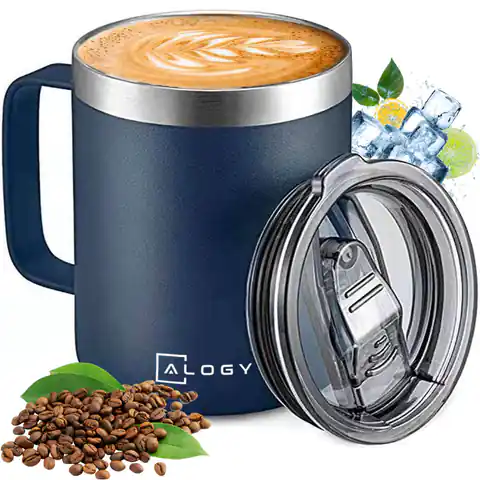 ⁨Kubek termiczny 420ml z uchwytem pokrywką na kawę herbatę stalowy zimne i ciepłe napoje Alogy granatowy⁩ w sklepie Wasserman.eu