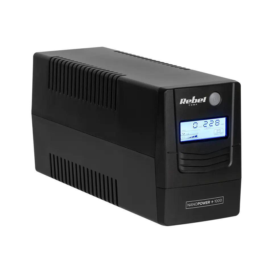 ⁨Zasilacz awaryjny komputerowy UPS REBEL model Nanopower Plus 1000 ( offline, 1000VA / 600W , 230 V , 50Hz , LCD , USB , RJ45 )⁩ w sklepie Wasserman.eu