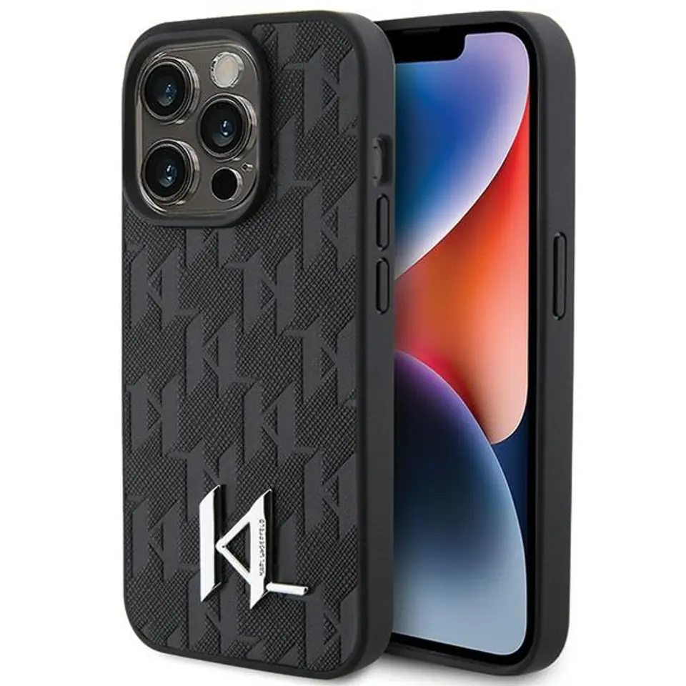 ⁨Karl Lagerfeld KLHCP15XPKLPKLK iPhone 15 Pro Max 6.7" czarny/black hardcase Leather Monogram Hot Stamp Metal Logo⁩ w sklepie Wasserman.eu