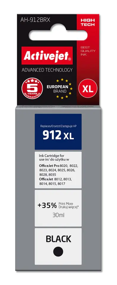 ⁨Activejet AH-912BRX Ink Cartridge (replacement for HP 912XL 3YL84AE; Premium; 1100 pages; 30 ml, black)⁩ at Wasserman.eu