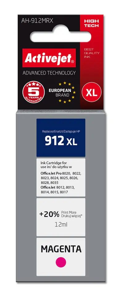 Activejet AH-912MRX Tusz (zamiennik HP 912XL 3YL82AE; Premium; 990 stron; 12 ml, czerwony) w sklepie Wasserman.eu