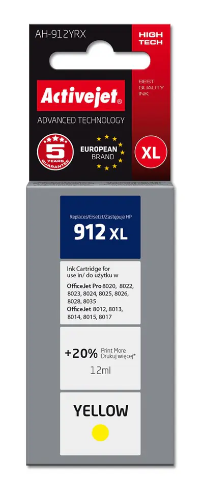 ⁨Activejet AH-912YRX Ink Cartridge (replacement for HP 912XL 3YL83AE; Premium; 990 pages; 12 ml, yellow)⁩ at Wasserman.eu