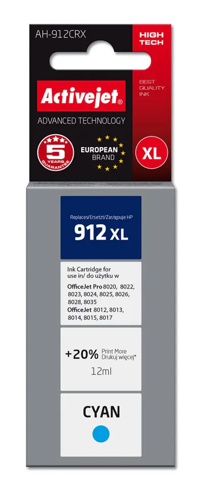 ⁨Activejet AH-912CRX Ink Cartridge (replacement for HP 912XL 3YL81AE; Premium; 990 pages; cyan)⁩ at Wasserman.eu