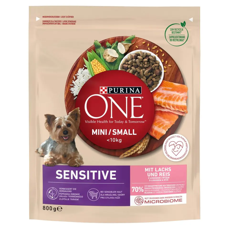 ⁨PURINA One Mini/Small Sensitive Salmon, rice - dry dog food - 800 g⁩ at Wasserman.eu