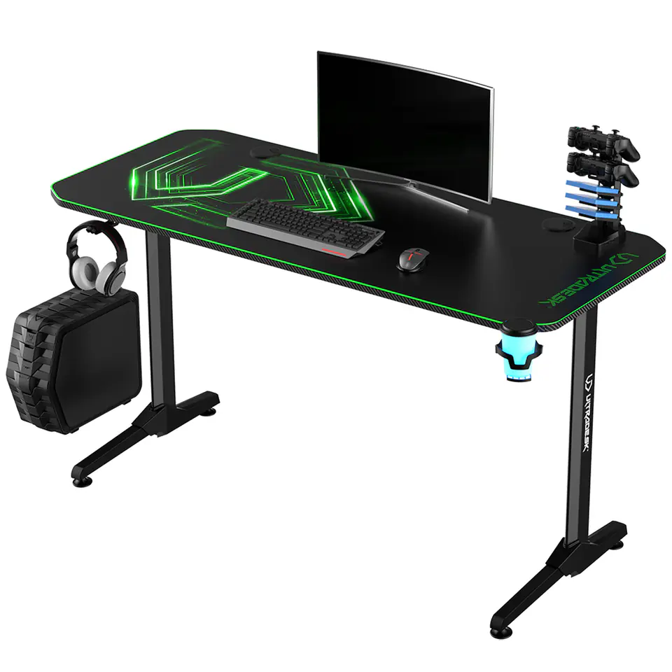 ⁨ULTRADESK Biurko dla gracza FRAG - GREEN V3, 140x60 cm, 76 cm, z podkładką pod mysz, uchwyt na słuchawki i napój⁩ w sklepie Wasserman.eu