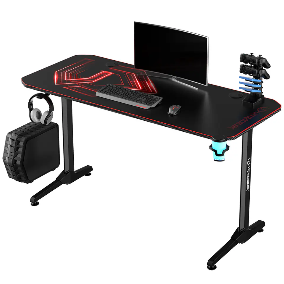 ⁨ULTRADESK Biurko dla gracza FRAG - RED V3, 140x60 cm, 76 cm, z podkładką pod mysz, uchwyt na słuchawki i napój⁩ w sklepie Wasserman.eu